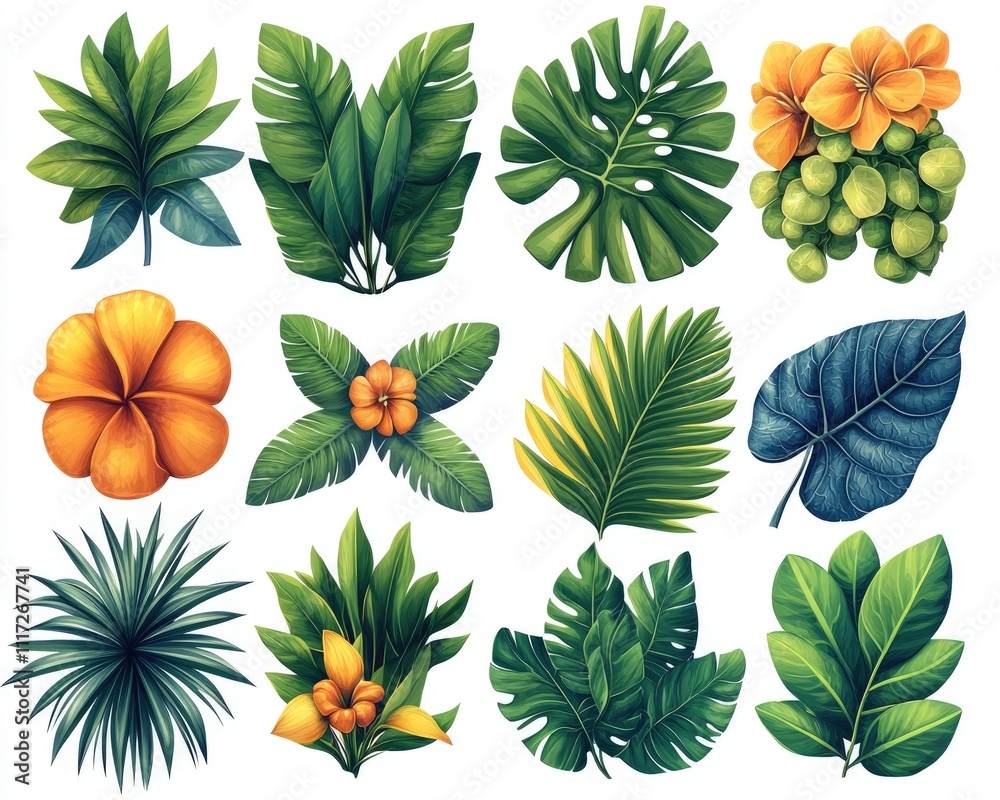 Fototapeta premium Collection of tropical leaves and flowers. Perfect for use in design projects related to nature, travel, and the tropics.