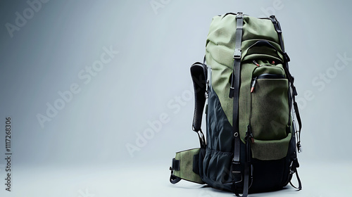 A green and black backpack with a black strap sits on a white background