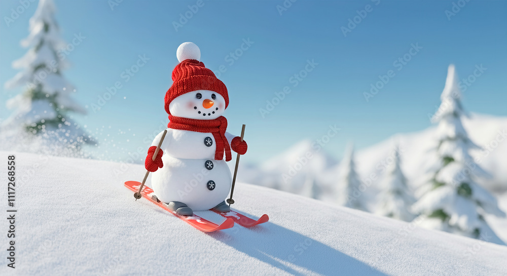 Obraz premium 3d snowman sliding downhill, skiing, Christmas holiday background, panoramic winter landscape, Happy New Year greeting card