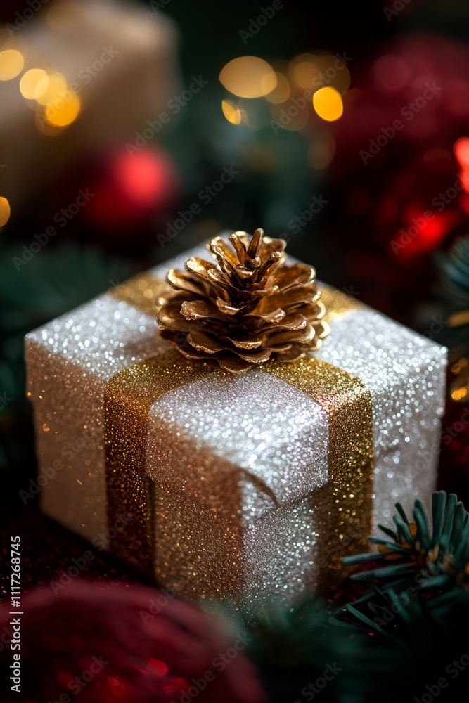 A beautifully wrapped Christmas present adorned with a shimmering gold pine cone, evoking festive cheer and holiday spirit. A beautifully wrapped Christmas present adorned with a shimmering gold pine cone, evoking festive cheer and holiday spirit.
