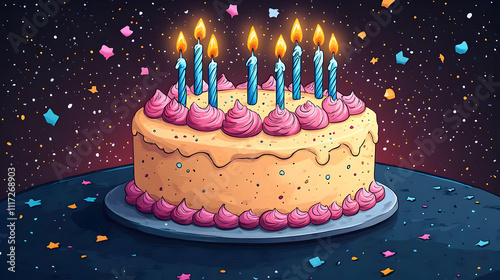 Birthday Cake Illustration in Space with Candles