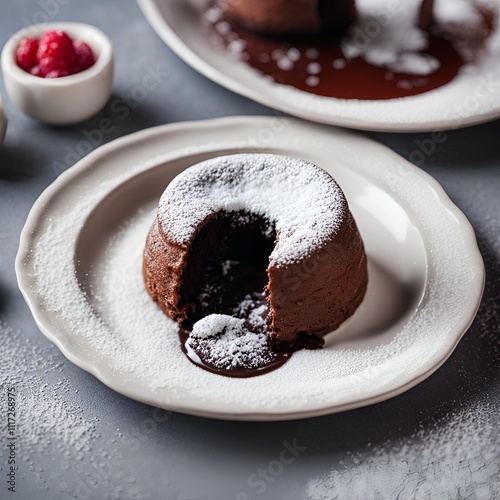 Chocolate lava cake with a molten center and a sprinkle of powdered sugar, cake dessert pastry, gooey perfection photo