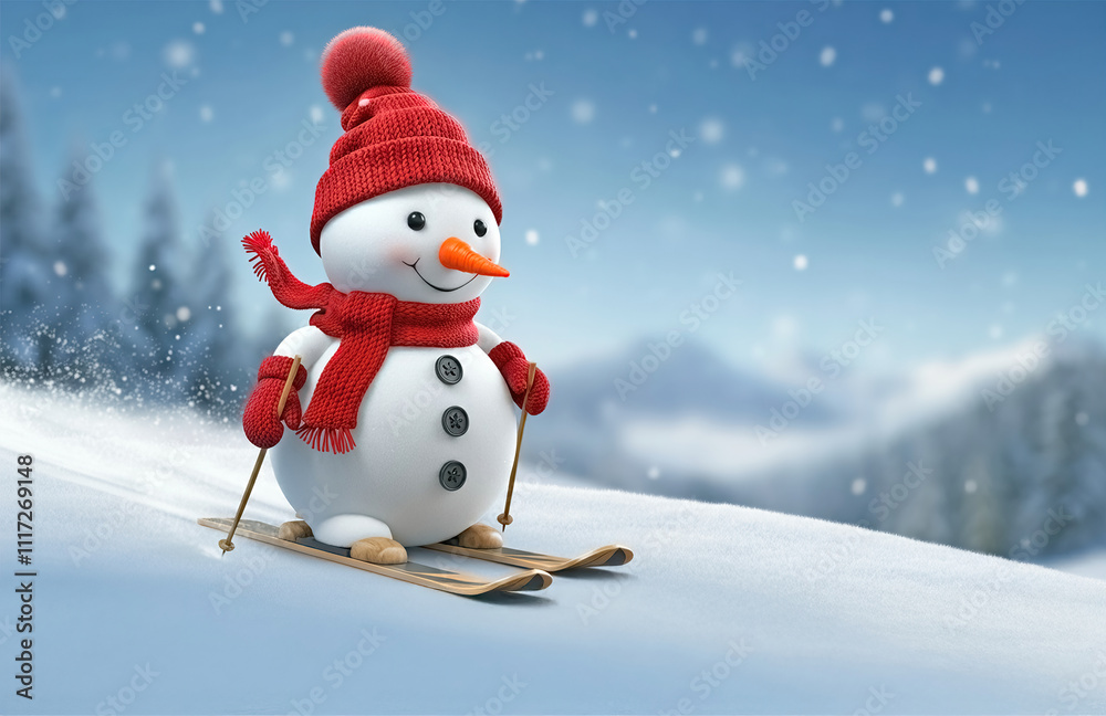 Fototapeta premium 3d snowman sliding downhill, skiing, Christmas holiday background, panoramic winter landscape, Happy New Year greeting card