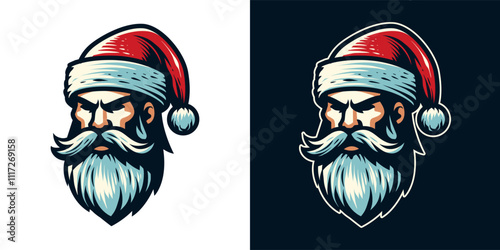 Santa Claus in viking helmet illustration. Isolated on dark background. Medieval element for Christmas holiday. Vector Eps 10.