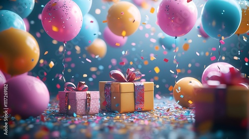 Colorful party celebration with balloons and gifts festive atmosphere photo