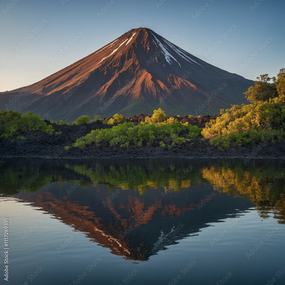 Fototapeta premium Volcanic mountain in morning light reflected in calm waters of lake.