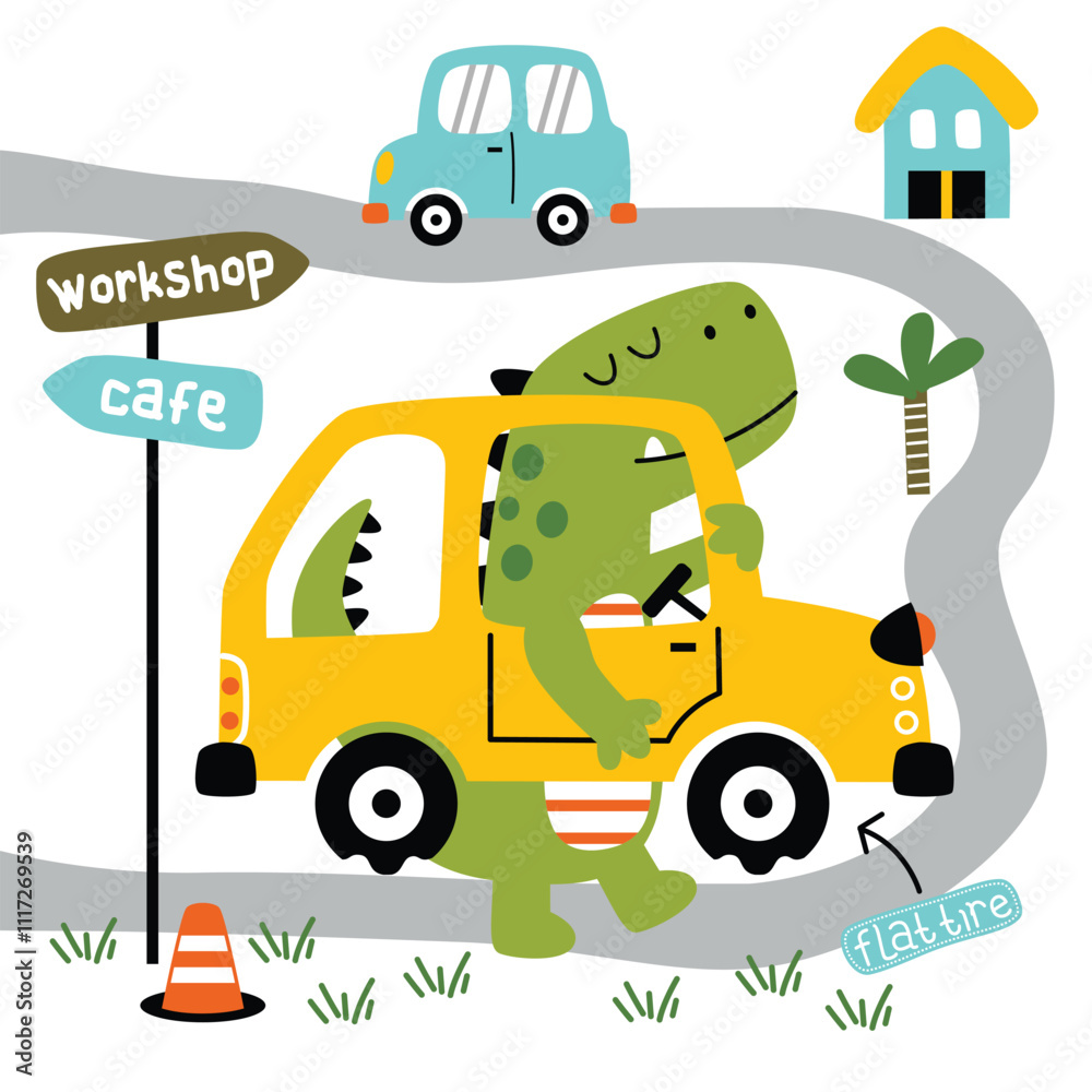 Cute cartoon dinosaur with yellow car and flat tire on road surrounded by signs and houses. Children’s travel and adventure concept
Cute cartoon dinosaur with yellow car and flat tire on road surrounded by signs and houses. Children’s travel and adventure concept