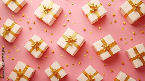 A close-up view of elegantly wrapped white and gold Christmas presents, showcasing festive designs and textures that evoke holiday cheer.