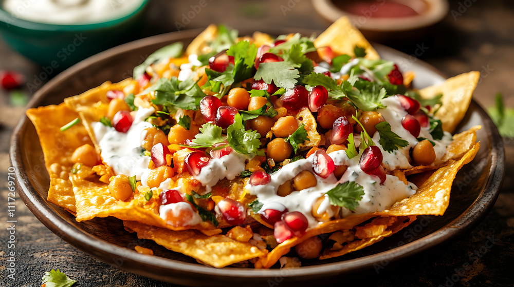 Close-up of classic papdi chaat with crispy papdis topped with spiced chickpeas Close-up of classic papdi chaat with crispy papdis topped with spiced chickpeas