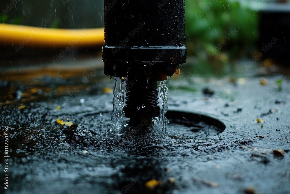 Water dripping from black pipe, rainy day. Illustrates water drainage, industrial setting, or leak. Water dripping from black pipe, rainy day. Illustrates water drainage, industrial setting, or leak.