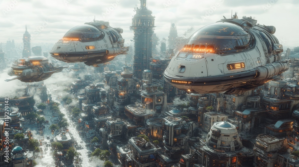 Futuristic City of Skyscraper and Flying Vehicles Futuristic City of Skyscraper and Flying Vehicles