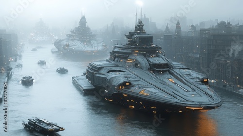 Futuristic City of Skyscraper and Flying Vehicles