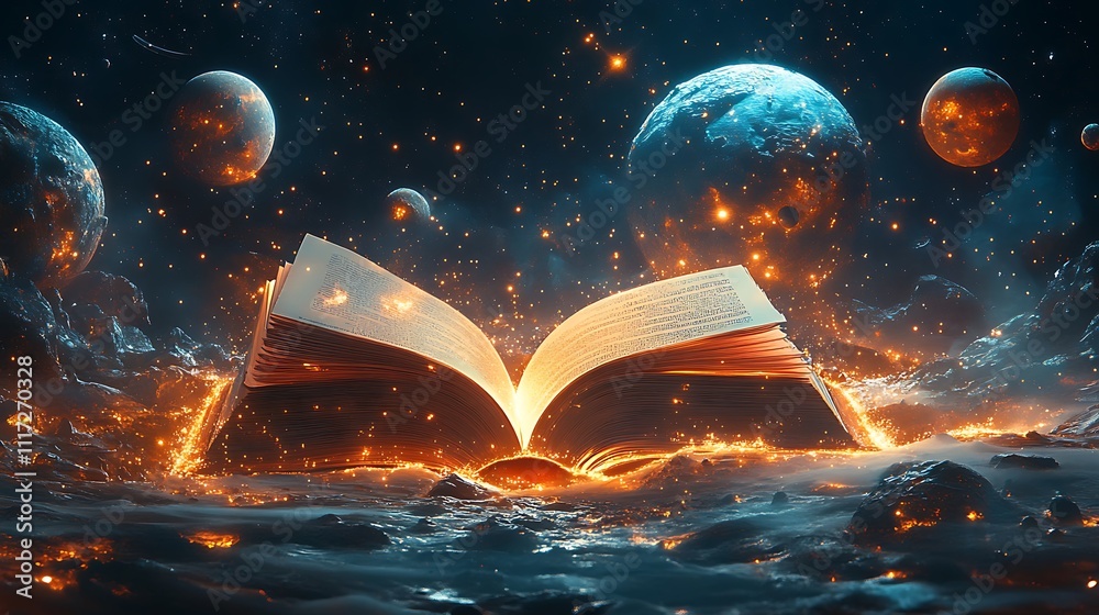 Obraz premium Exploring cosmic realms open book in space digital art fantasy