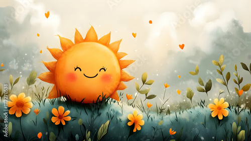 Smiling Sun Illustration with Yellow Flowers