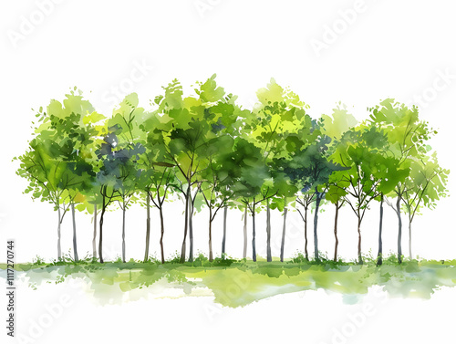 Watercolor Illustration of a Row of Trees