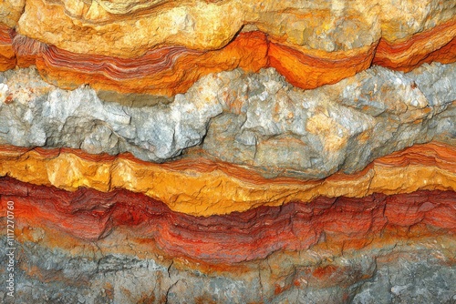 Colorful stratified rock formations, geological layers.
