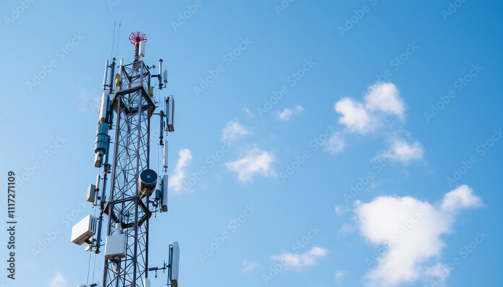 Telecommunication Tower with Antennas Against a Bright Blue Sky Telecommunication Tower with Antennas Against a Bright Blue Sky