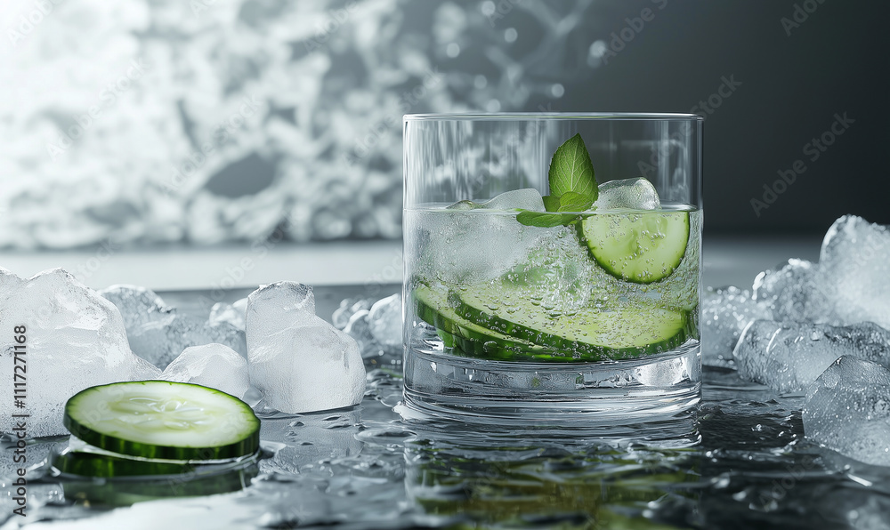 A refreshing cucumber mint cooler drink served over crushed ice, surrounded by droplets, evoking a cool and invigorating atmosphere. A refreshing cucumber mint cooler drink served over crushed ice, surrounded by droplets, evoking a cool and invigorating atmosphere.