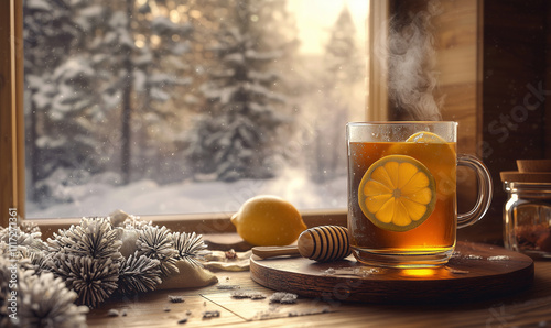 A cozy scene featuring a steaming cup of A hot toddy with lemon slices, honey, and steam rising in a cozy winter  beside a window. photo