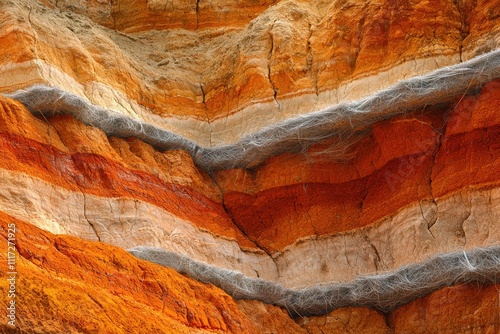 Colorful stratified rock layers with mineral veins.