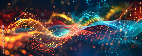 Abstract 3D Background with Colorful Wavy Lines and Bokeh Lights