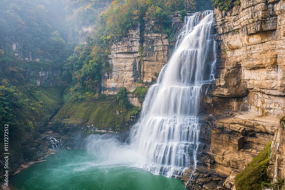 Fototapeta premium Waterfall cascading down rocky cliffs into a turquoise pool.