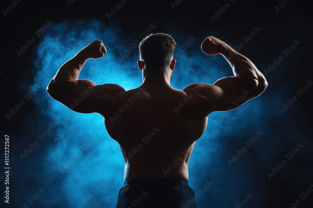 Obraz premium Athlete flexing under dramatic lighting, showcasing strength and dedication to fitness goals after an intense workout.