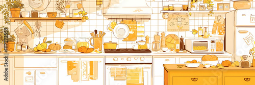 Cozy Kitchen Illustration with Yellow and Orange Accents
