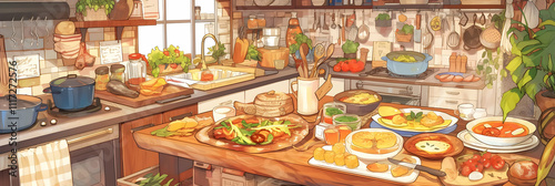 Cozy Kitchen Illustration with Food and Plants