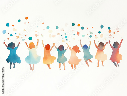 Children dancing - Loose, expressive Watercolor Illustration, perfect for preschool kintergarten, or ECE artwork or design photo