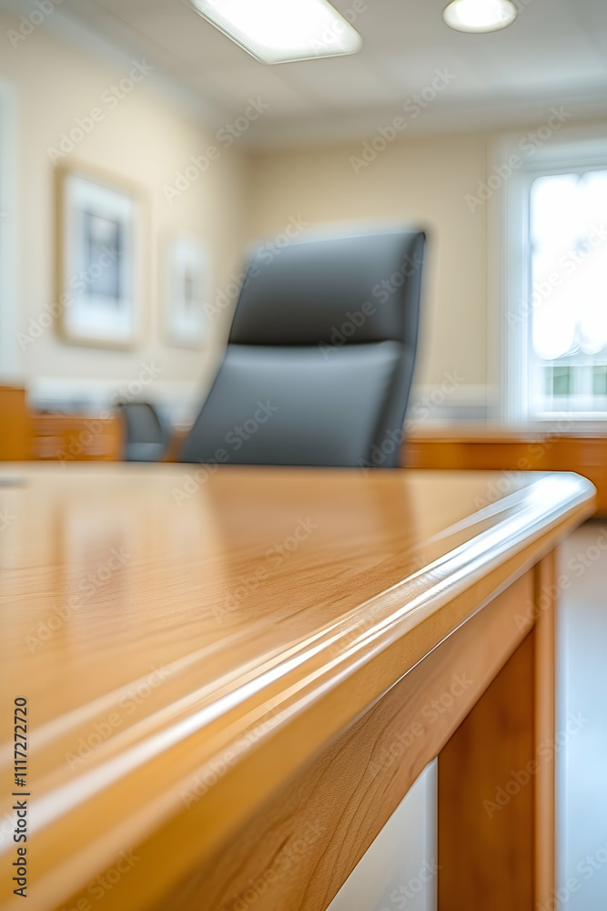 Close-up of polished wooden office desk with chair in background. Close-up of polished wooden office desk with chair in background.
