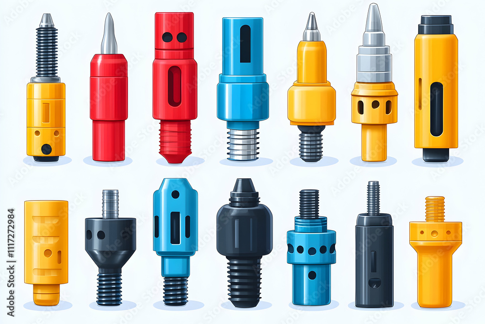 Collection of various industrial nozzles, drill bits, and machine parts. Collection of various industrial nozzles, drill bits, and machine parts.