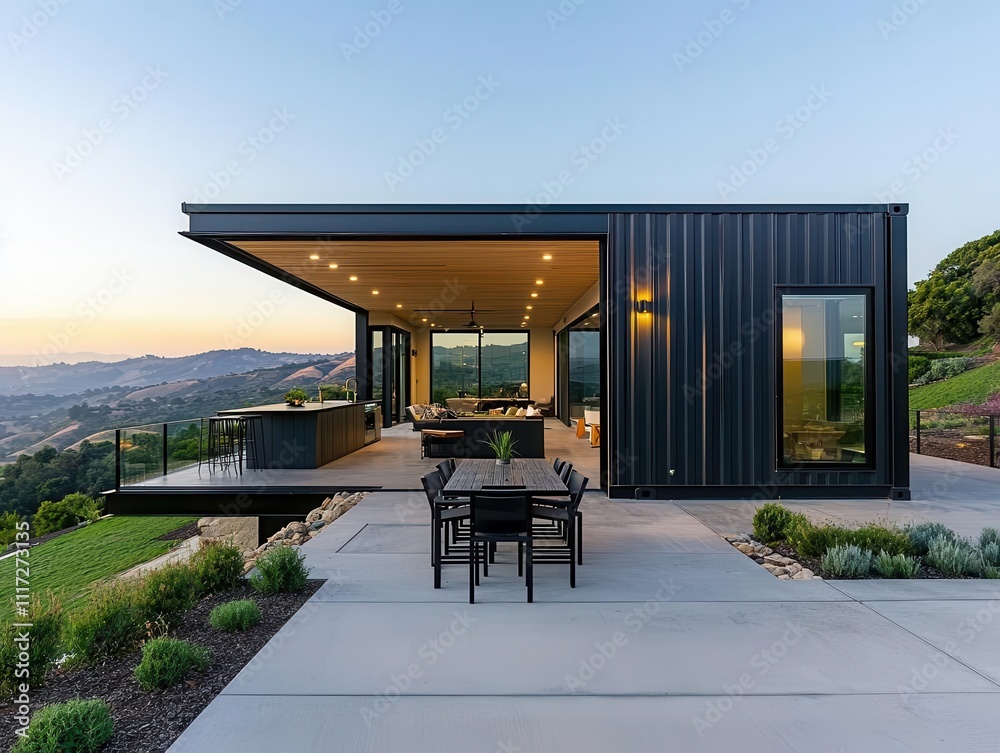 Stylish container dining room exterior with grey metal siding, outdoor dining area, and view of a valley Stylish container dining room exterior with grey metal siding, outdoor dining area, and view of a valley