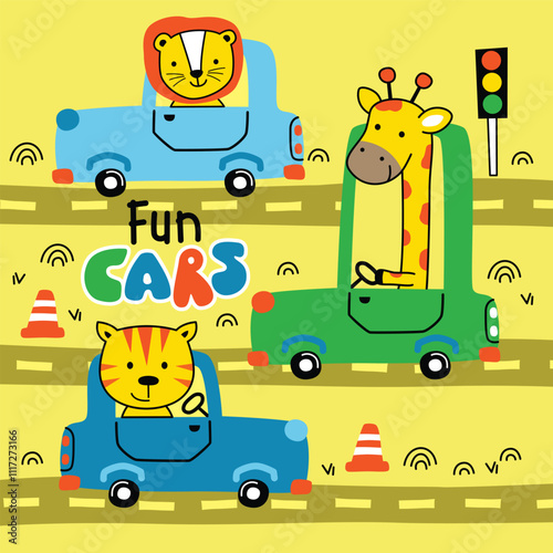 Fun Cartoon Cars with Lion, Giraffe, and Tiger Driving on a Playful Road Scene for Kids