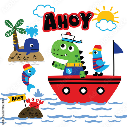 Cartoon Pirate Ship with Cute Dinosaur, Whale, Crab, and Tropical Sea Adventure for Kids