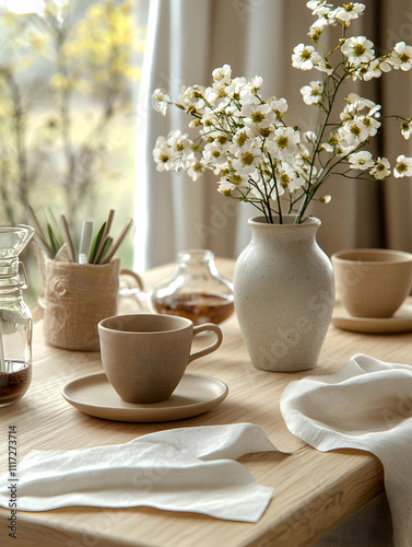 Cozy table setting with coffee, flowers, and linen.