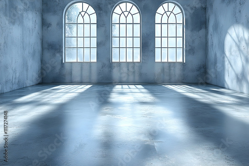 Empty industrial room with three arched windows and sunlight streaming through, casting shadows on the floor.