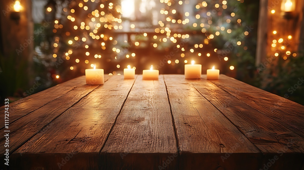 A rustic oak table, framed by a softly blurred holiday backdrop of glowing candles and sparkling fairy lights, bathed in soft golden light for a cozy and festive vibe --ar 16:9 A rustic oak table, framed by a softly blurred holiday backdrop of glowing candles and sparkling fairy lights, bathed in soft golden light for a cozy and festive vibe --ar 16:9