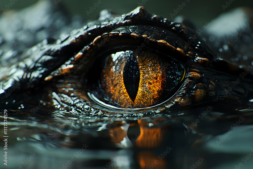 Close-Up Realistic Alligator Eye in Dark Water - Powerful Wildlife Photography Close-Up Realistic Alligator Eye in Dark Water - Powerful Wildlife Photography