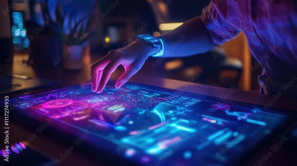 Fototapeta premium A human typing on a virtual keyboard projected from a wearable device, futuristic home setting,