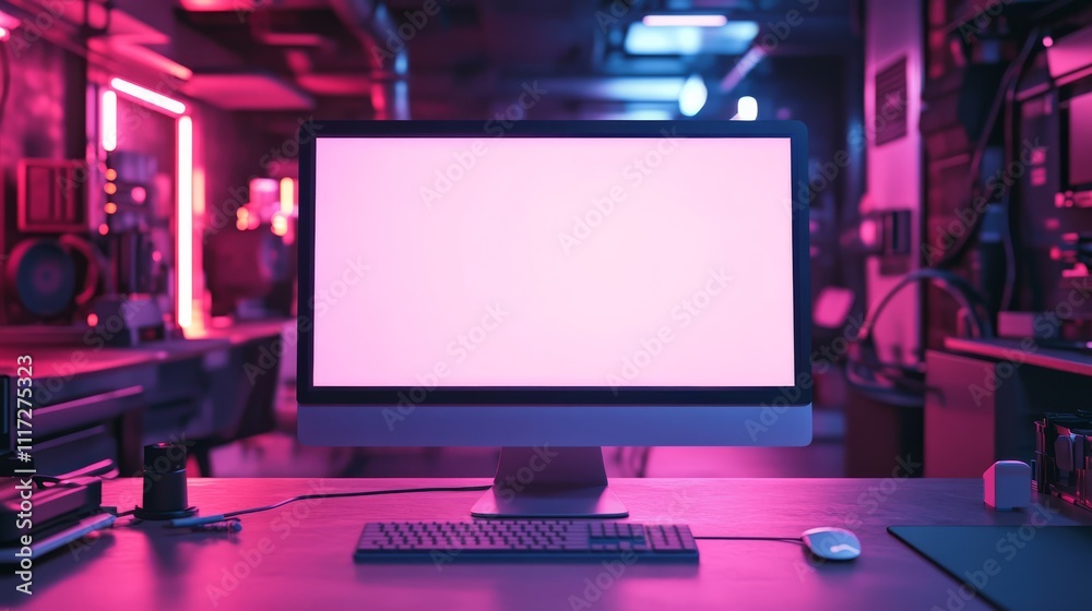 Futuristic Workspace with Blank Computer Monitor Futuristic Workspace with Blank Computer Monitor