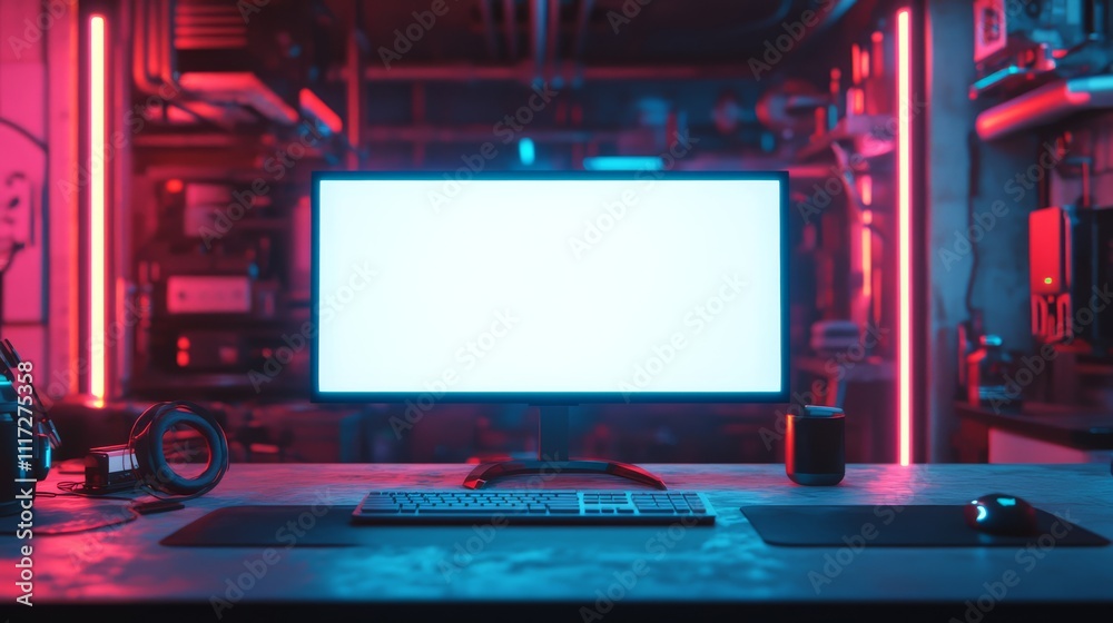 Futuristic Blank Computer Workspace with Neon Lights Futuristic Blank Computer Workspace with Neon Lights
