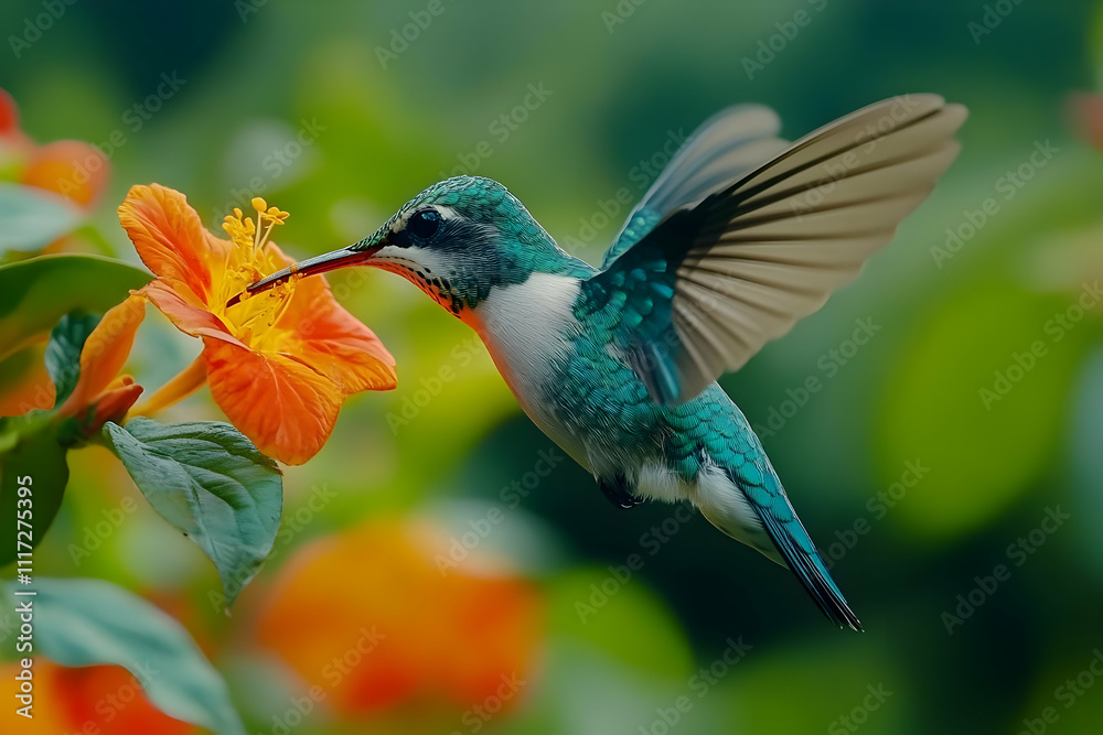 Fototapeta premium Vibrant Hummingbird Illustration: A Jewel-toned Bird Feeding on an Orange Flower