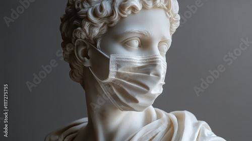 A classical marble sculpture of a man wearing a modern medical mask, blending ancient art with contemporary symbolism. The piece reflects the cultural impact of recent global events.  photo