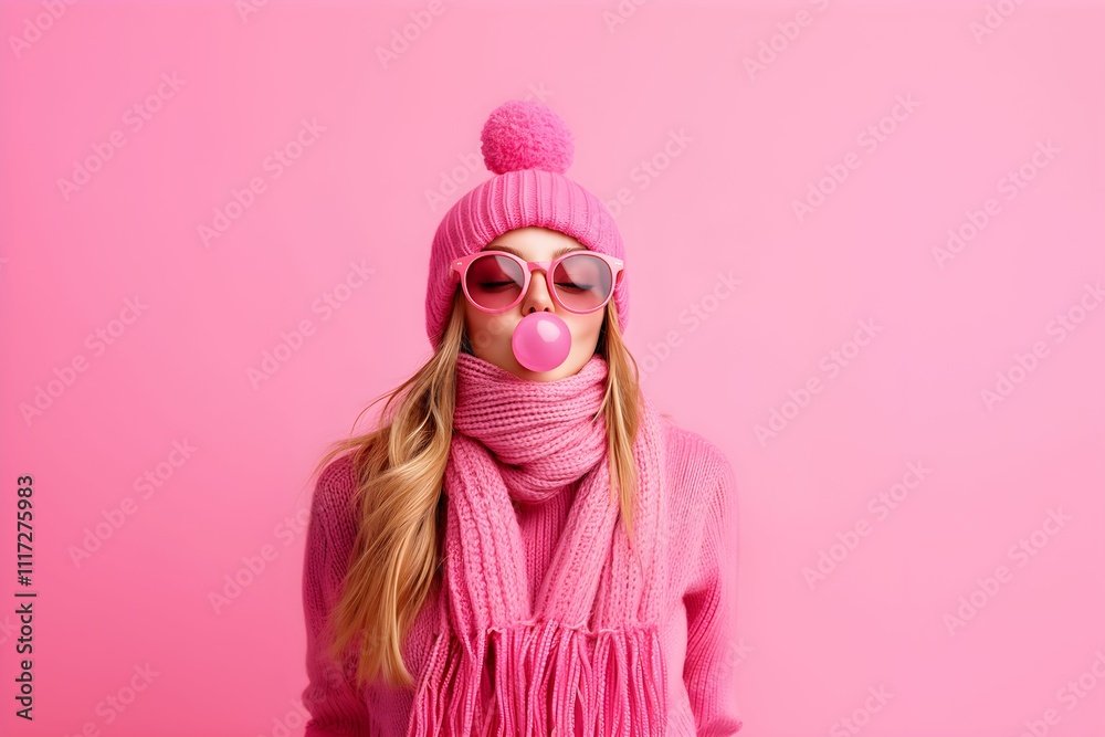 Obraz premium A stylish woman in a pink outfit blows a bubble gum bubble, set against a matching pink background, exuding a playful and trendy vibe. copy space
