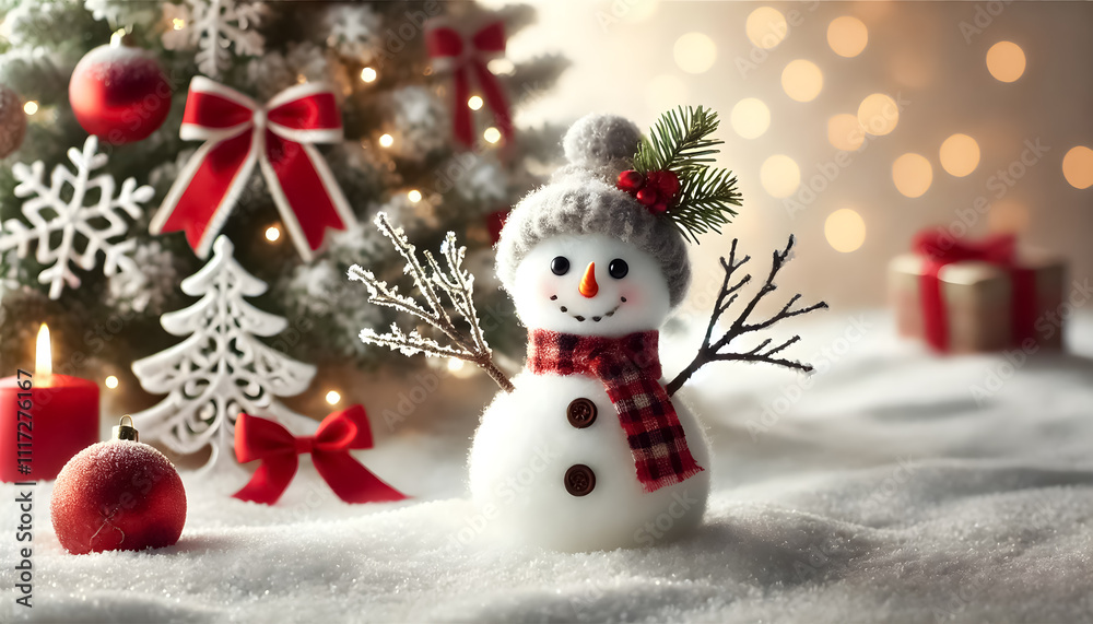 A small snowman with twigs for arms, next to a Christmas tree adorned with red bows. A small snowman with twigs for arms, next to a Christmas tree adorned with red bows.