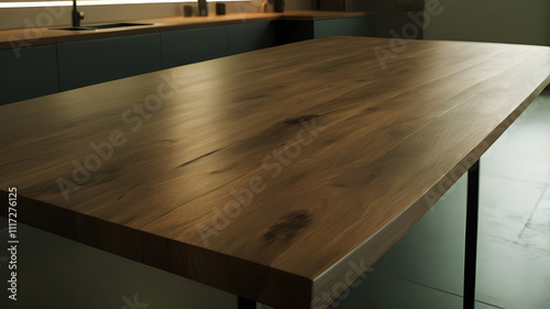 Top view on dark kitchen room interior with panoramic, dining table , sink.Perspective view of wood or wooden table corner isolated on white background including clipping path