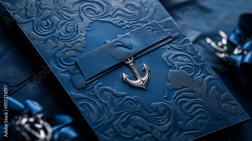 Navy invitation with embossed waves and anchor charm photo