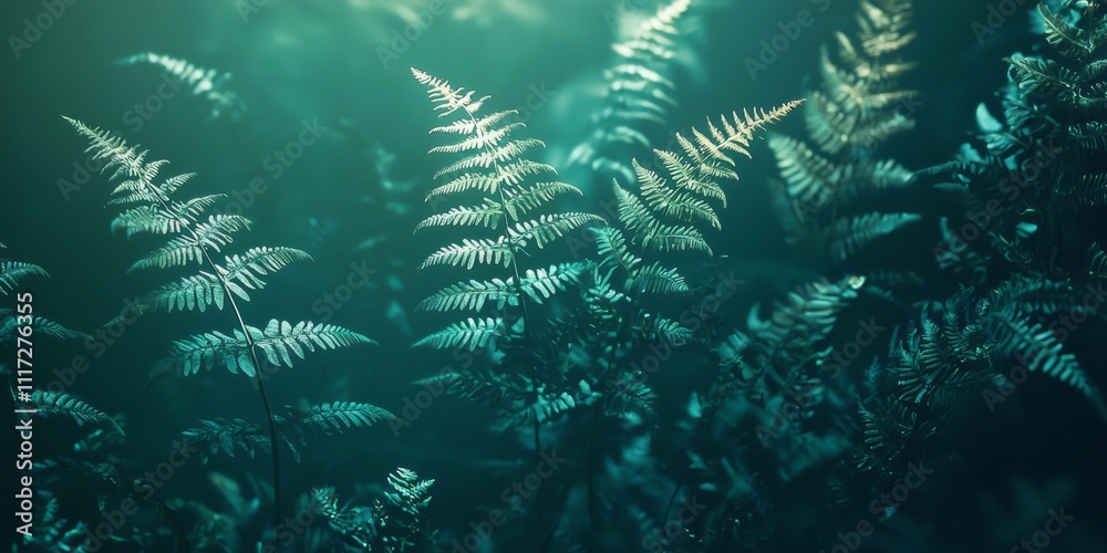 Mystical Moonlight Forest Teal Fern Fronds Nature Background
