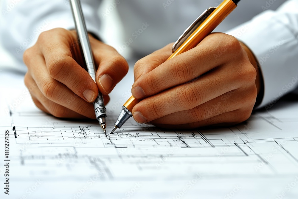 Close-up of hands meticulously drawing on blueprints using pens. Illustrates precision and detail in architectural design. Close-up of hands meticulously drawing on blueprints using pens. Illustrates precision and detail in architectural design.